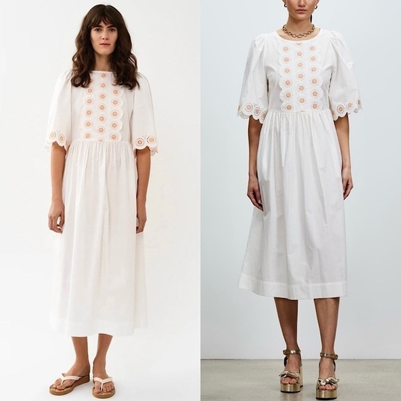 SEE BY CHLOE Floral Eyelet Embroidered Puff Short Sleeve Scalloped Midi Dress 6 - Picture 2 of 16